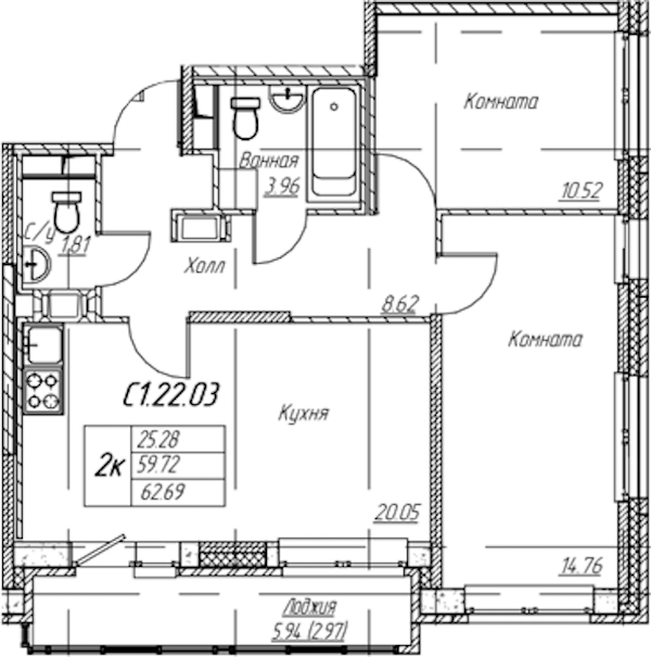 2-комнатная квартира 62.69 м², 22/22 эт., ЖК «Парк-квартал Юнтолово»